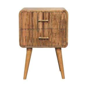 Solid Mango Wood Oak Finished 2 Drawer T-bar Ridged Pattern Bedside