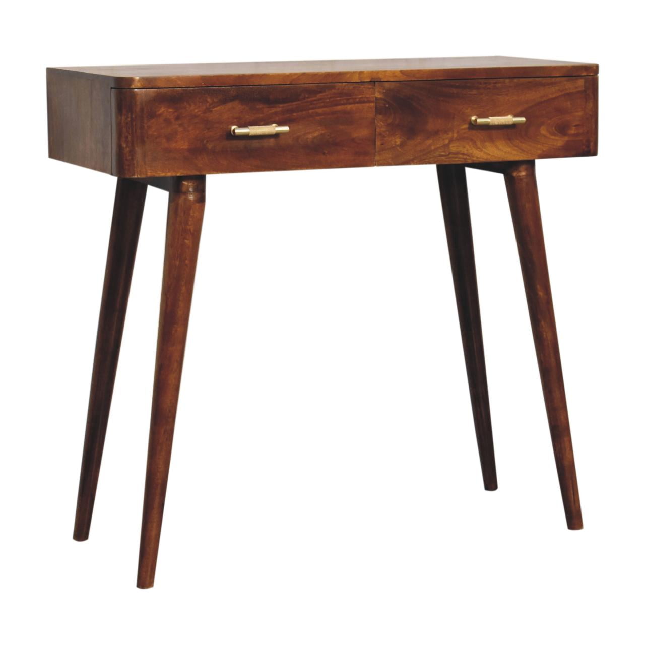 Solid Mango Wood Chestnut Finished 2 Drawer T-Bar Console Table - Image 2