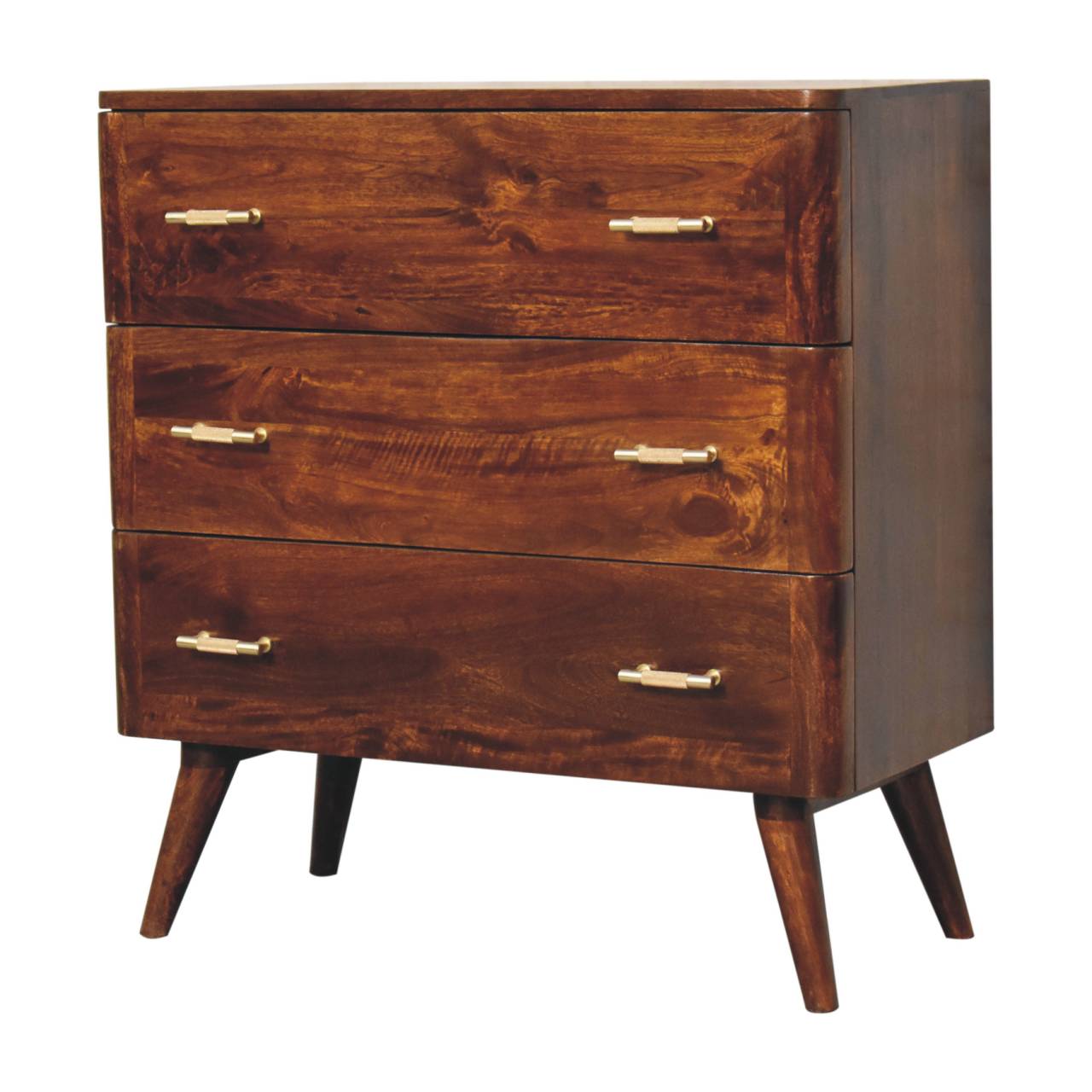 Solid Mango Wood Chestnut Finished 3 Drawer T-Bar Chest - Image 2