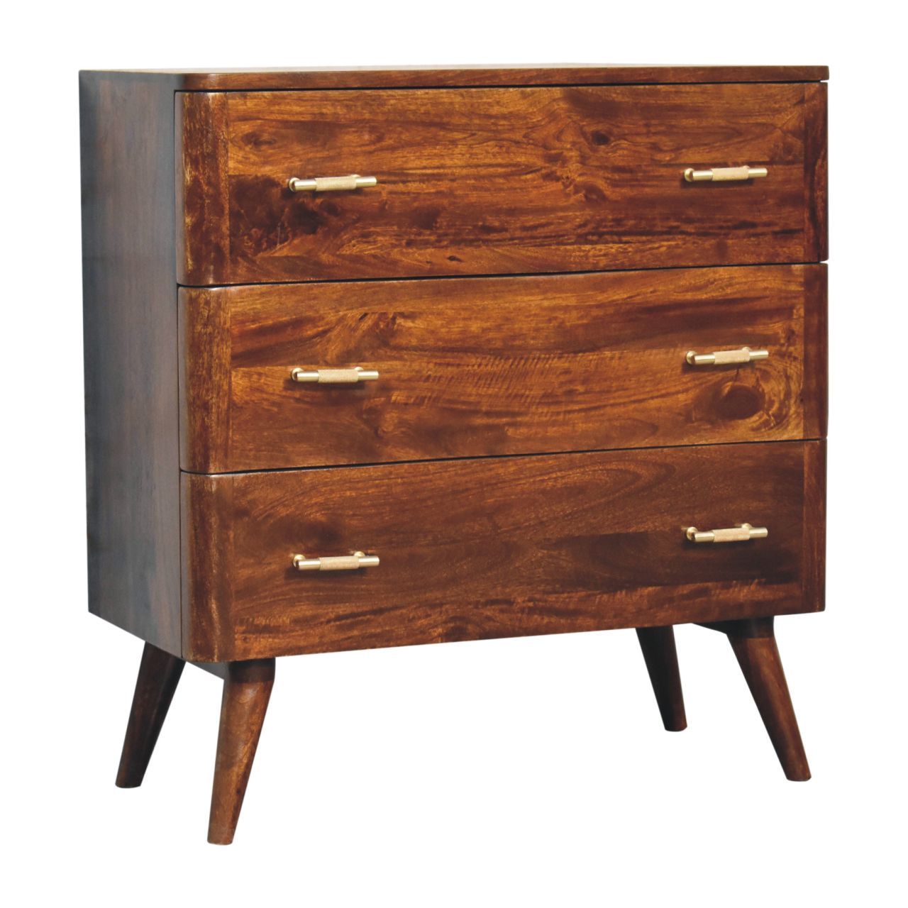 Solid Mango Wood Chestnut Finished 3 Drawer T-Bar Chest - Image 3