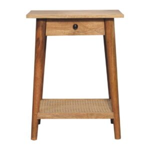 Solid Mango Wood Oak Finished 1 Drawer with Rattan Shelf End Table