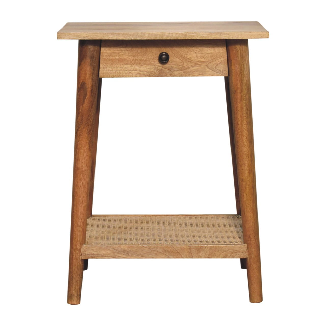Solid Mango Wood Oak Finished 1 Drawer with Rattan Shelf End Table
