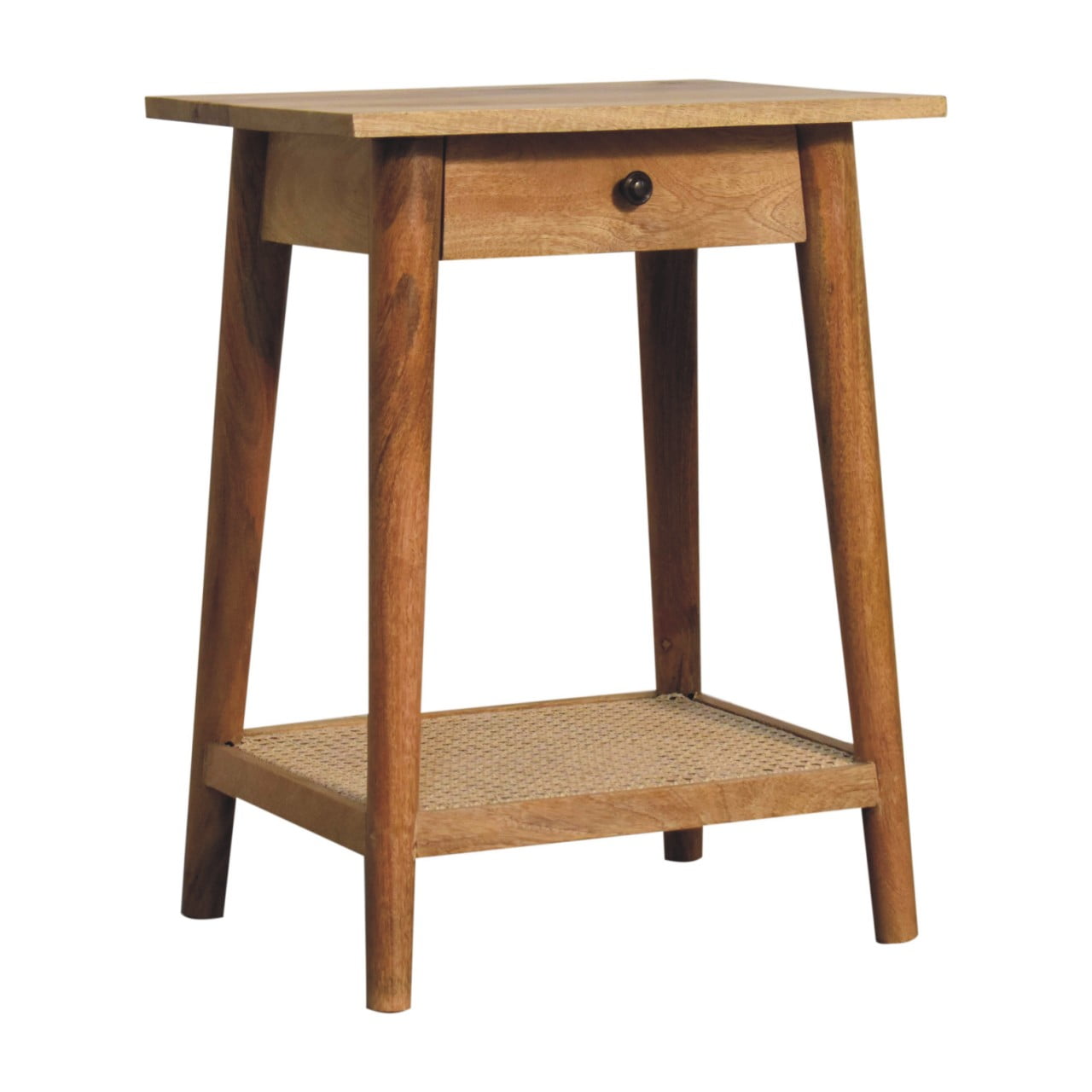 Solid Mango Wood Oak Finished 1 Drawer with Rattan Shelf End Table - Image 2