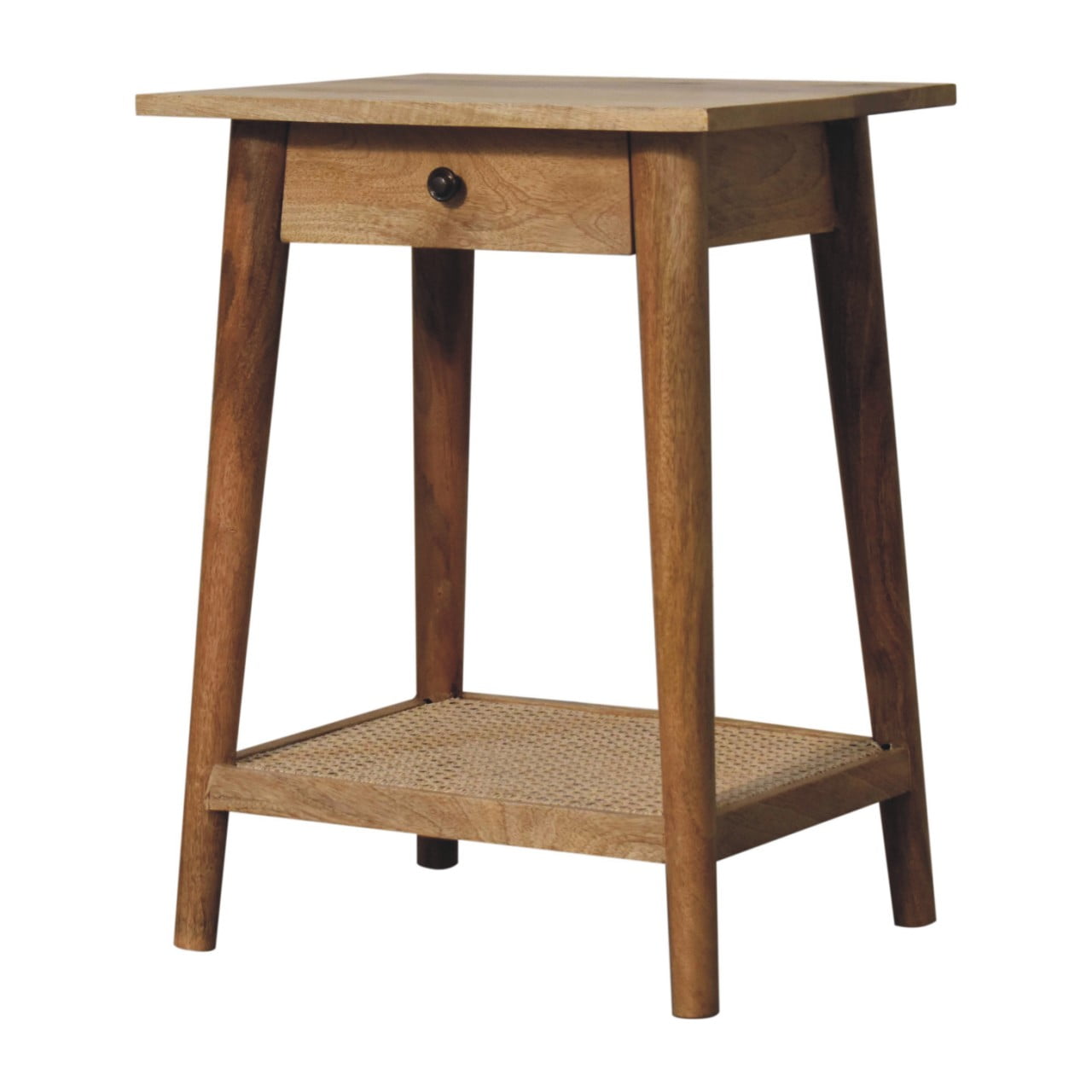 Solid Mango Wood Oak Finished 1 Drawer with Rattan Shelf End Table - Image 3