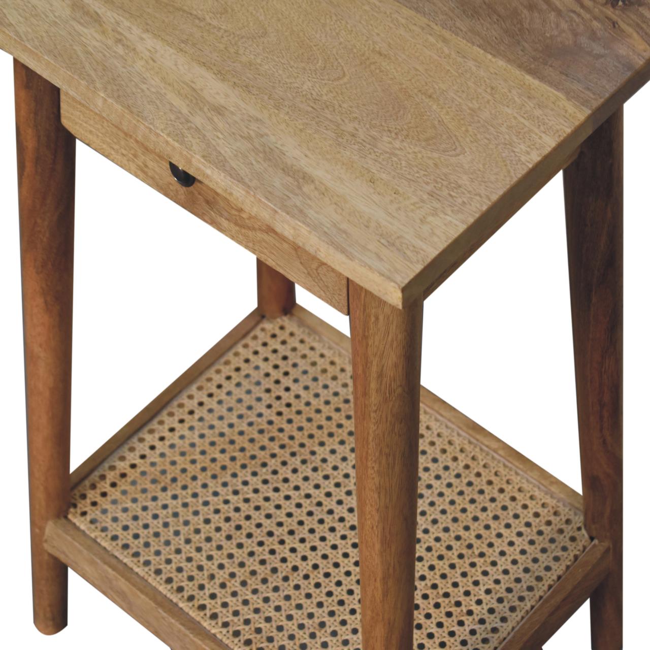 Solid Mango Wood Oak Finished 1 Drawer with Rattan Shelf End Table - Image 5