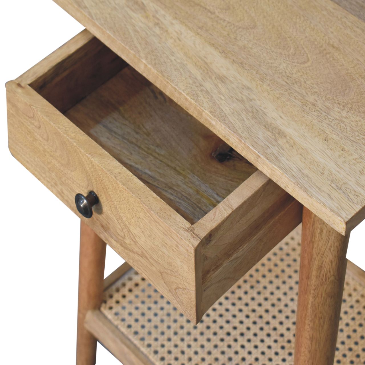 Solid Mango Wood Oak Finished 1 Drawer with Rattan Shelf End Table - Image 6