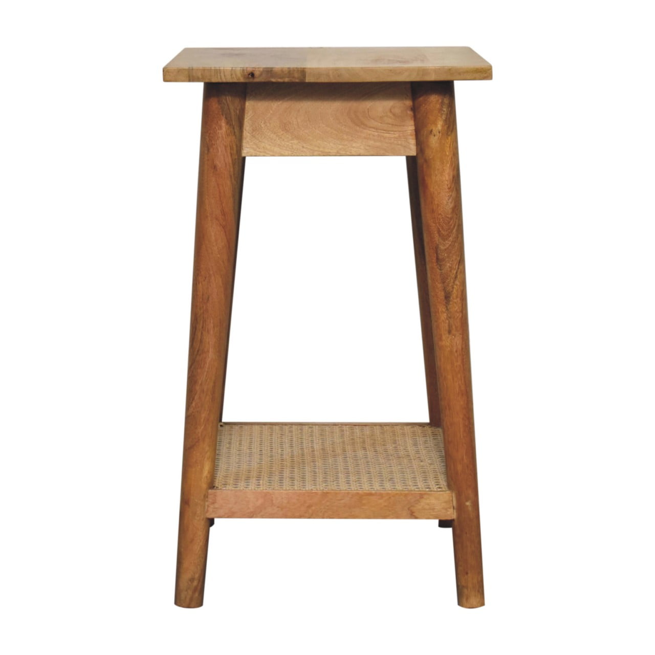 Solid Mango Wood Oak Finished 1 Drawer with Rattan Shelf End Table - Image 8