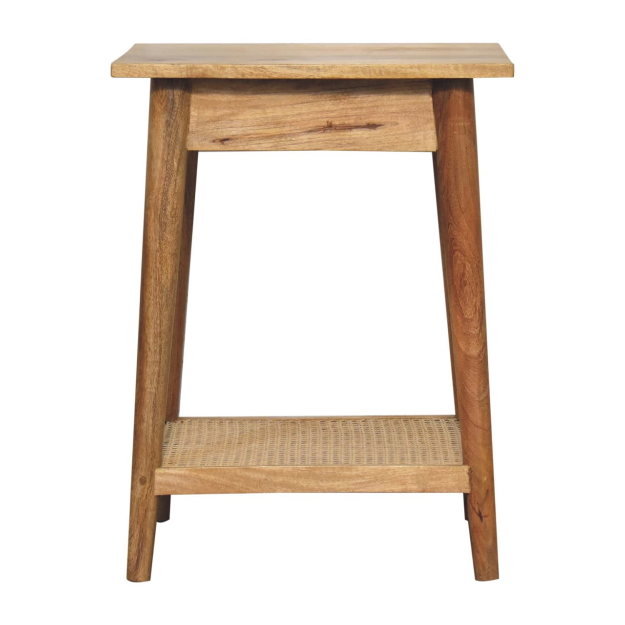 Solid Mango Wood Oak Finished 1 Drawer with Rattan Shelf End Table - Image 9