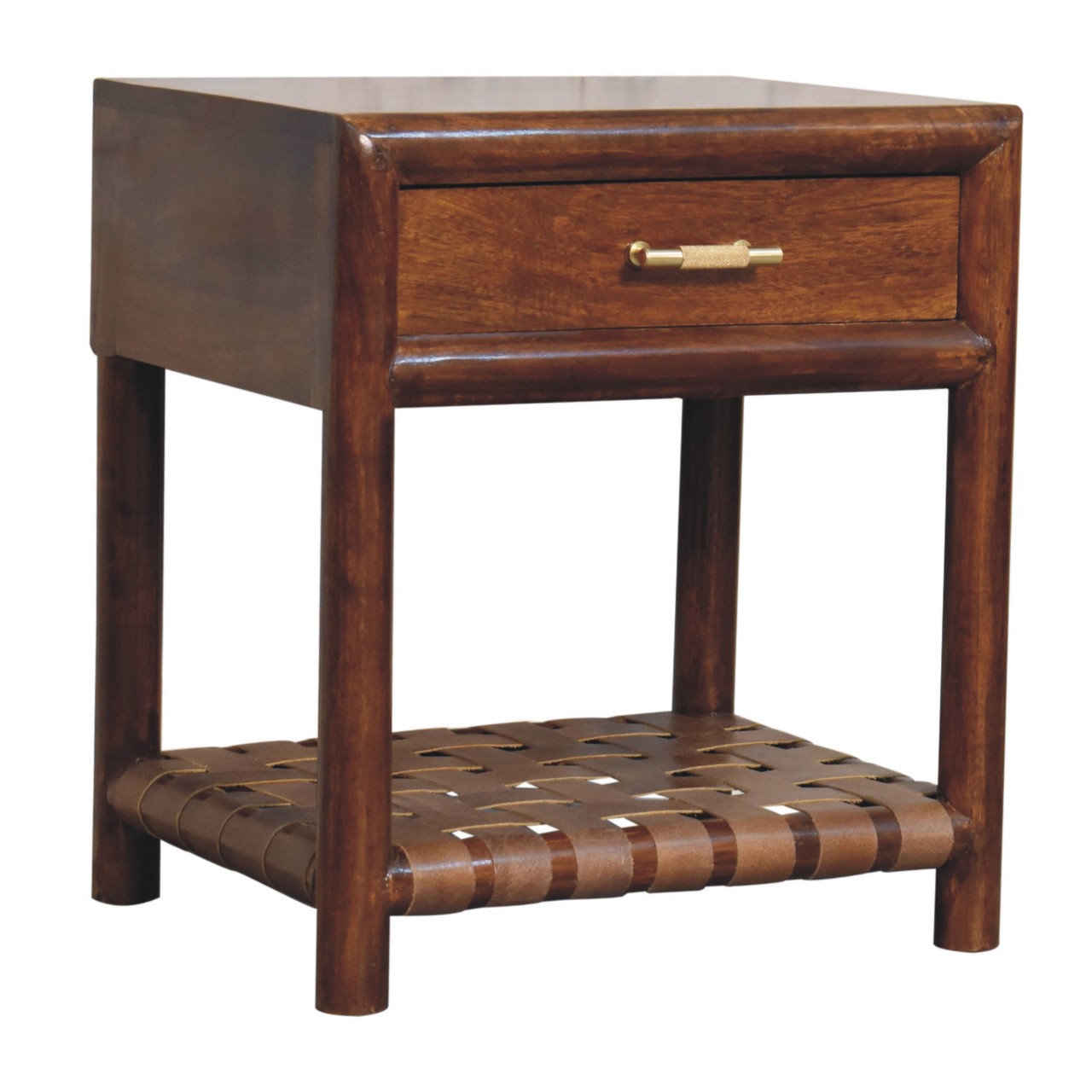 Solid Mango Wood Solid Chestnut Finished 1 Drawer Woven Shelf 1 Nightstand - Image 3