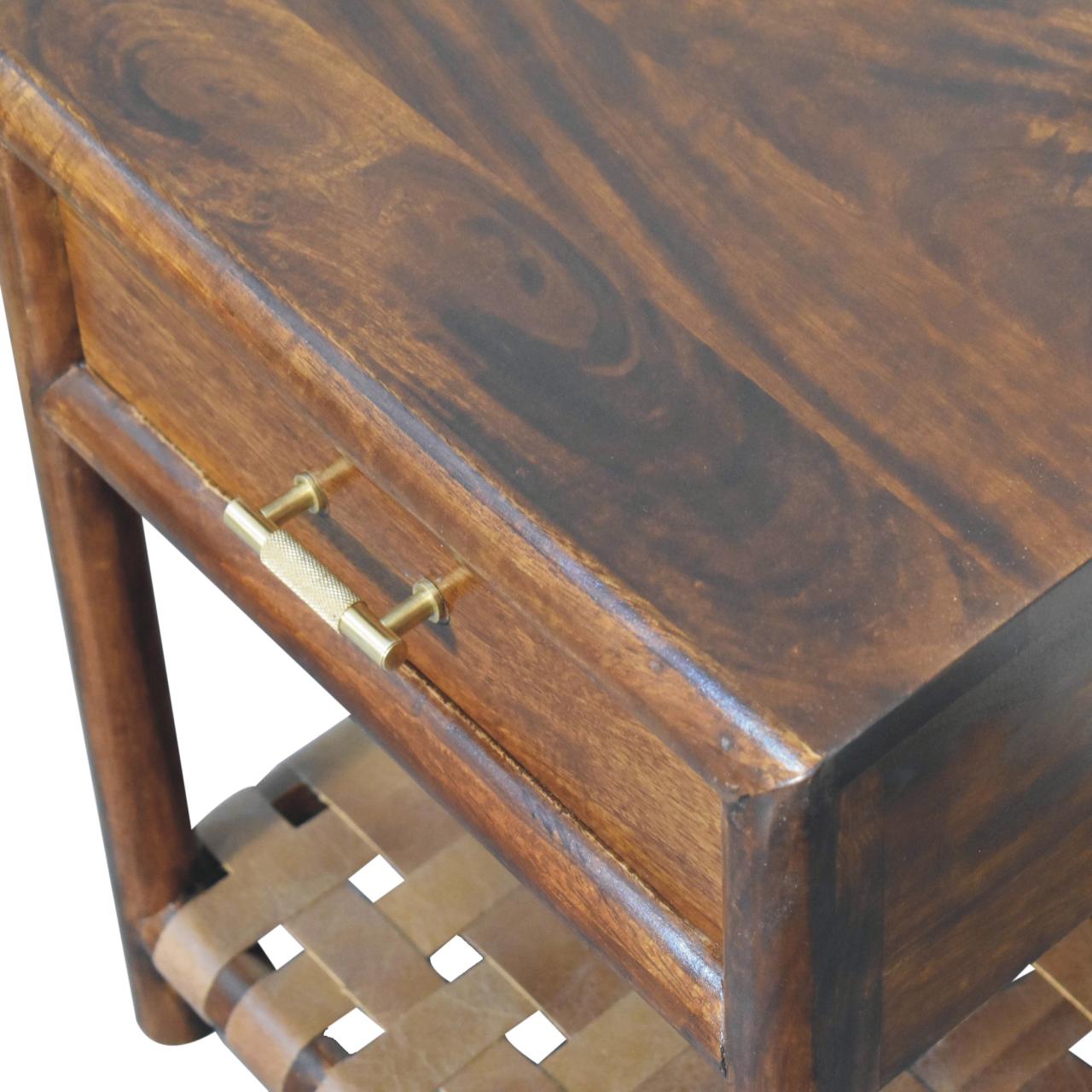 Solid Mango Wood Solid Chestnut Finished 1 Drawer Woven Shelf 1 Nightstand - Image 5