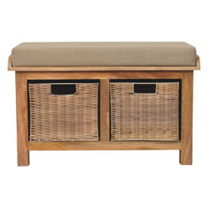 Solid Mango Oak Finished 2 Rattan Baskets with Linen Upholstery Bench