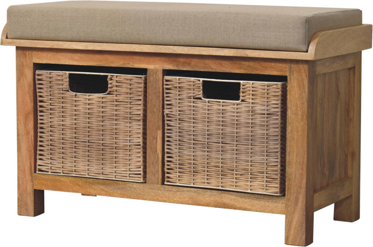 Solid Mango Oak Finished 2 Rattan Baskets with Linen Upholstery Bench - Image 3