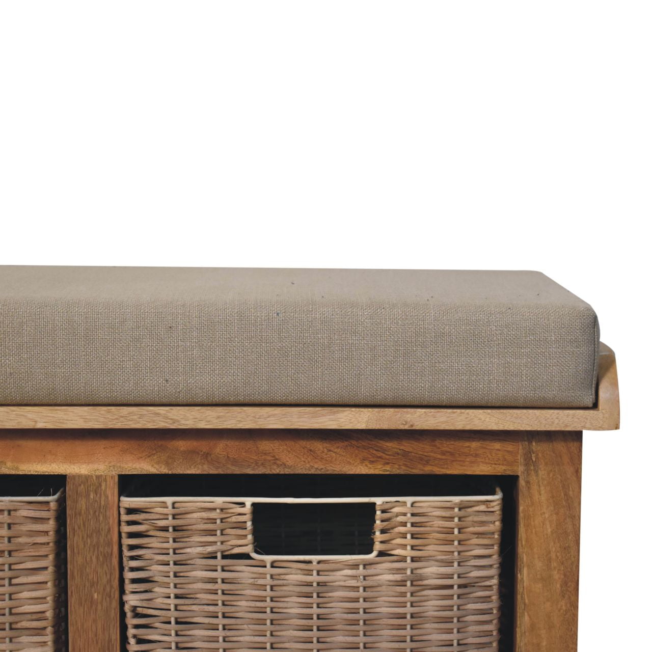 Solid Mango Oak Finished 2 Rattan Baskets with Linen Upholstery Bench - Image 4