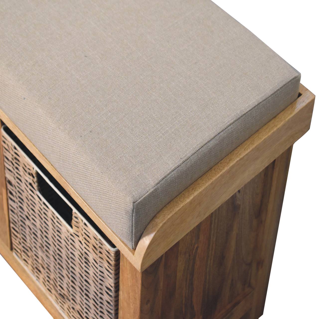 Solid Mango Oak Finished 2 Rattan Baskets with Linen Upholstery Bench - Image 5