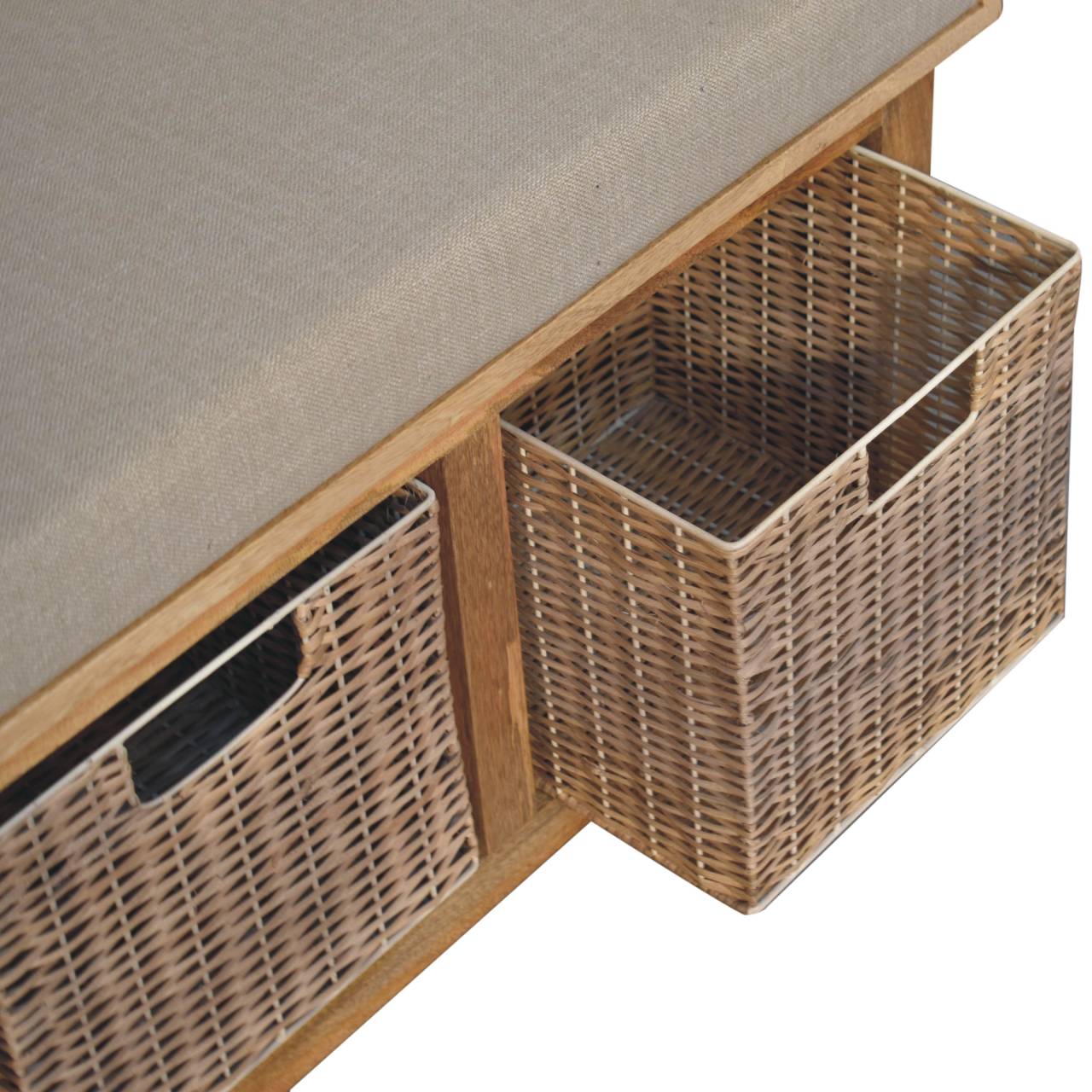 Solid Mango Oak Finished 2 Rattan Baskets with Linen Upholstery Bench - Image 6
