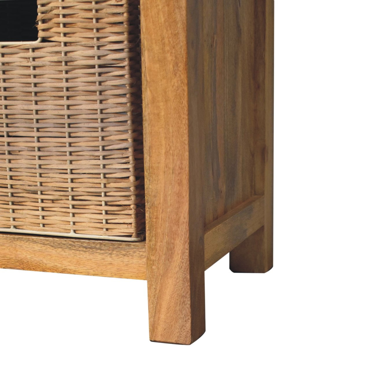 Solid Mango Oak Finished 2 Rattan Baskets with Linen Upholstery Bench - Image 7