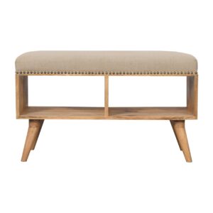 Solid Mango Wood Oak Finished Studded Linen Upholstered Open Bench