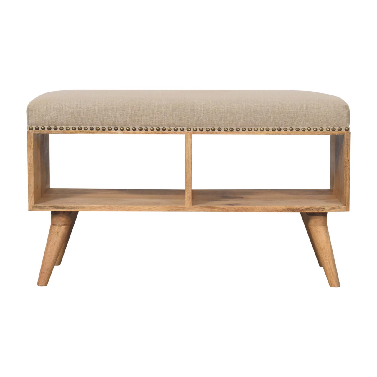 Solid Mango Wood Oak Finished Studded Linen Upholstered Open Bench