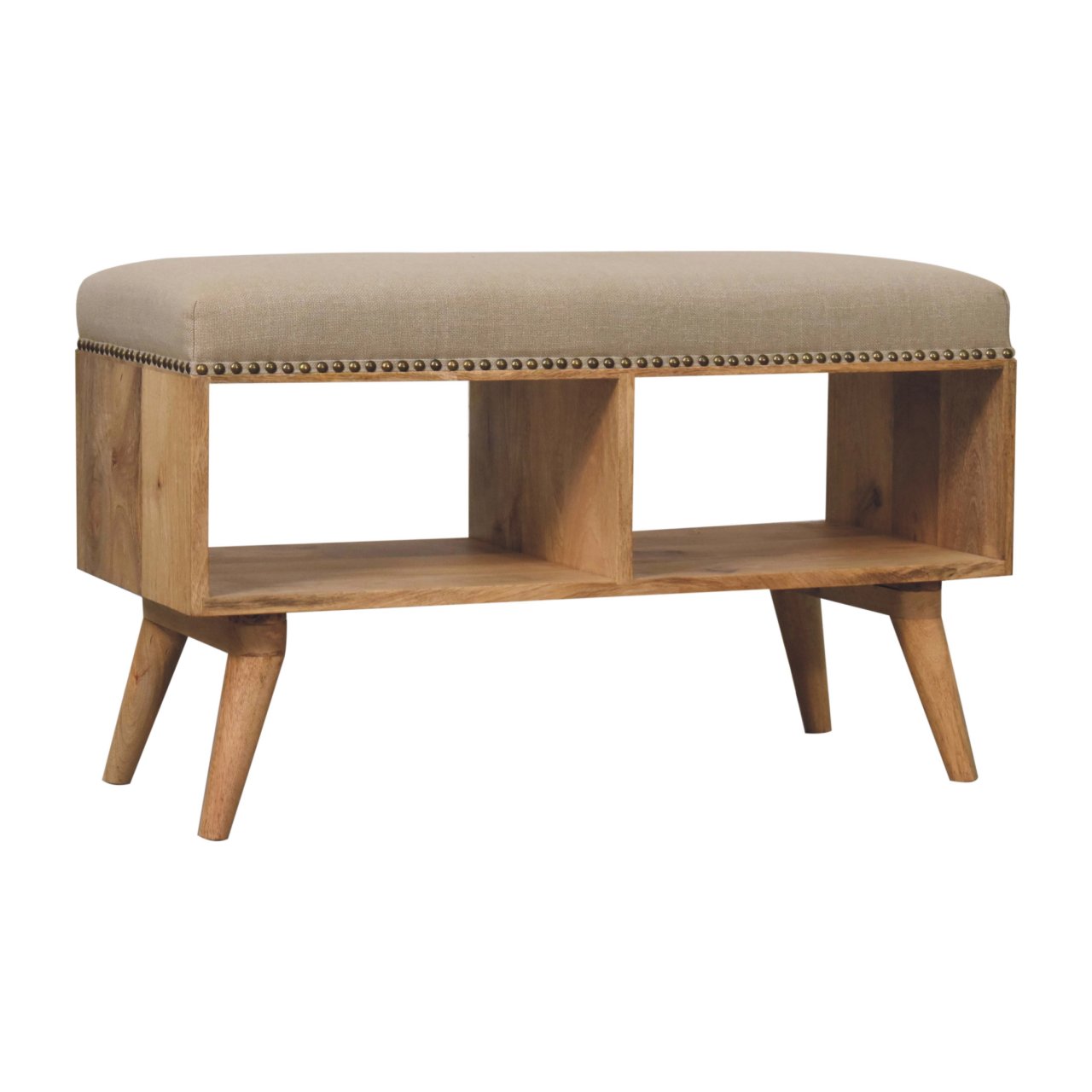 Solid Mango Wood Oak Finished Studded Linen Upholstered Open Bench - Image 2