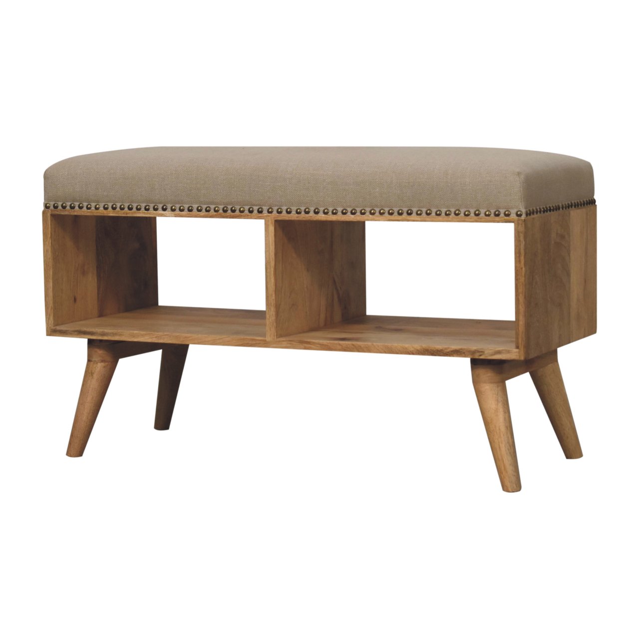 Solid Mango Wood Oak Finished Studded Linen Upholstered Open Bench - Image 3