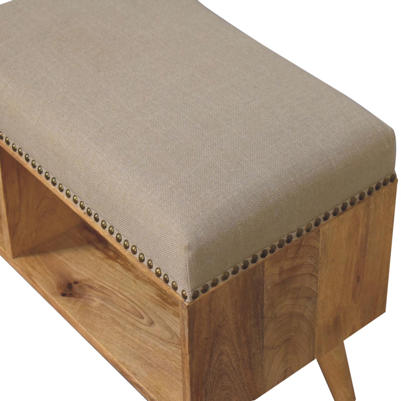 Solid Mango Wood Oak Finished Studded Linen Upholstered Open Bench - Image 5