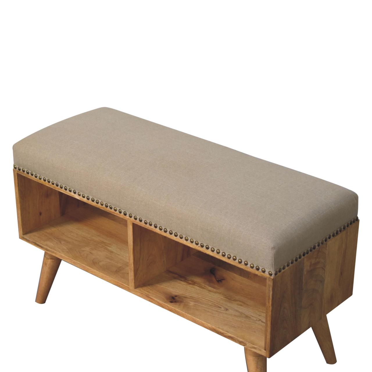 Solid Mango Wood Oak Finished Studded Linen Upholstered Open Bench - Image 6