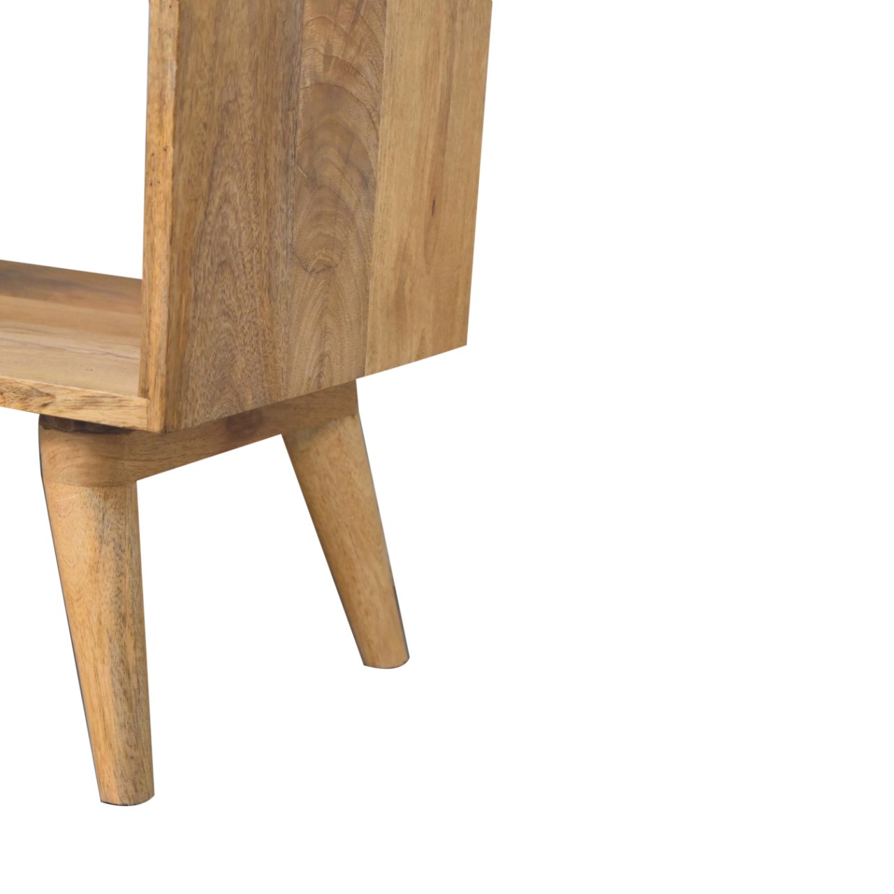 Solid Mango Wood Oak Finished Studded Linen Upholstered Open Bench - Image 7