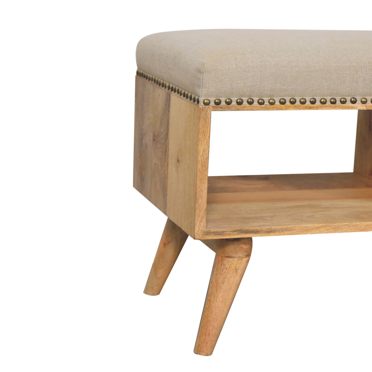 Solid Mango Wood Oak Finished Studded Linen Upholstered Open Bench - Image 8