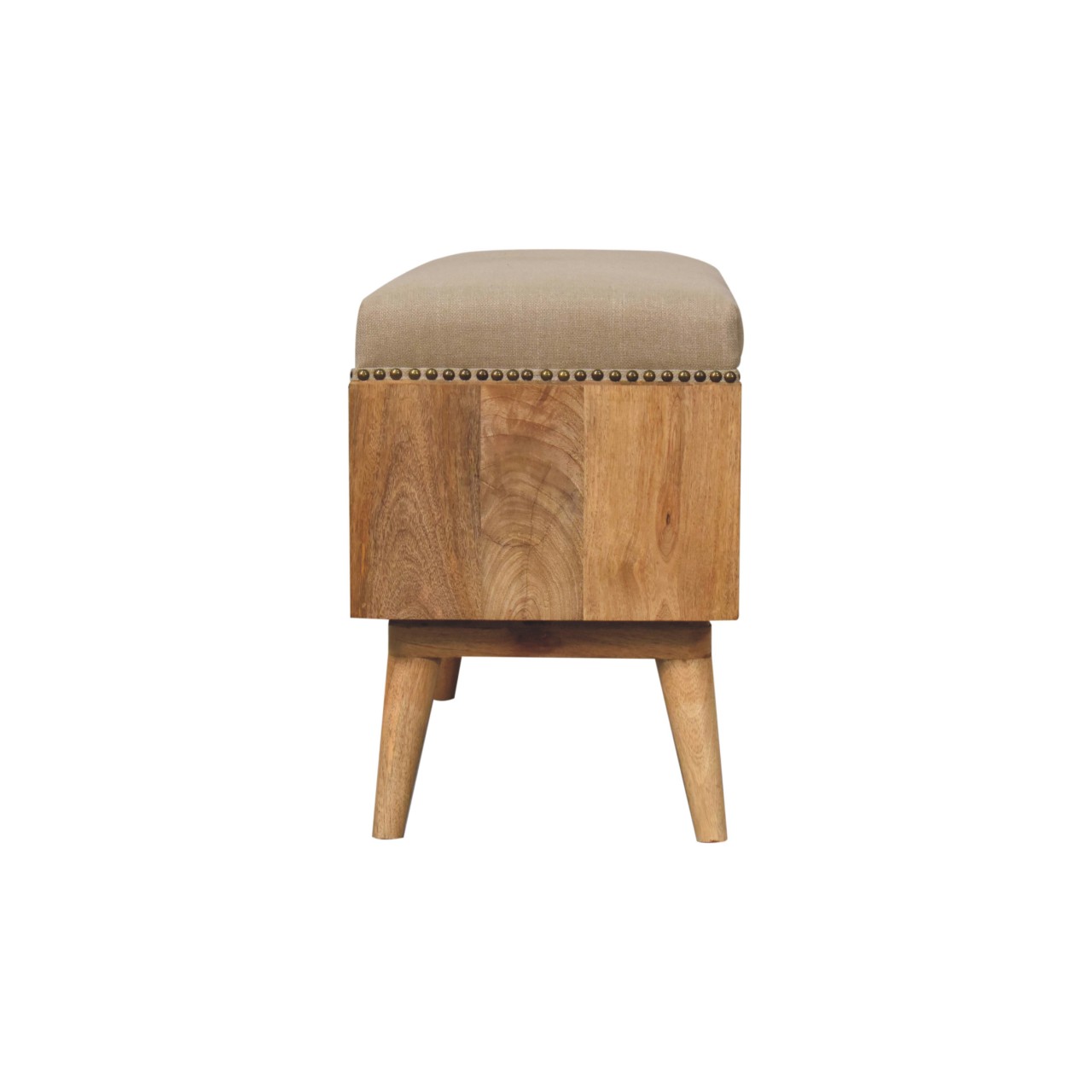 Solid Mango Wood Oak Finished Studded Linen Upholstered Open Bench - Image 9
