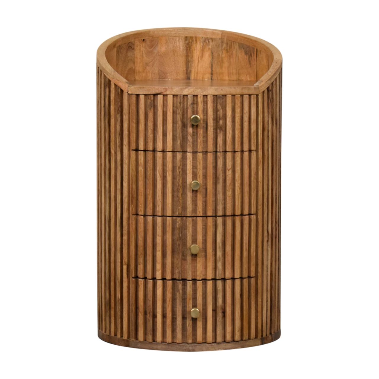 Solid Mango Wood Oak Finished 4 Drawer Line Carved Bedside