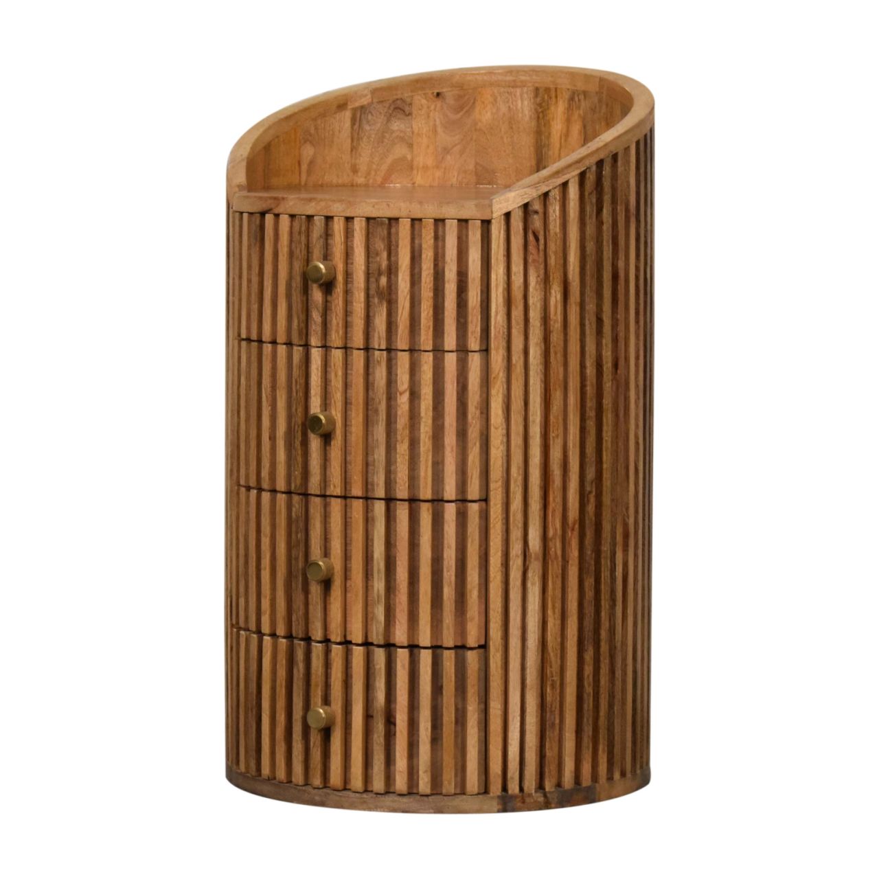 Solid Mango Wood Oak Finished 4 Drawer Line Carved Bedside - Image 2