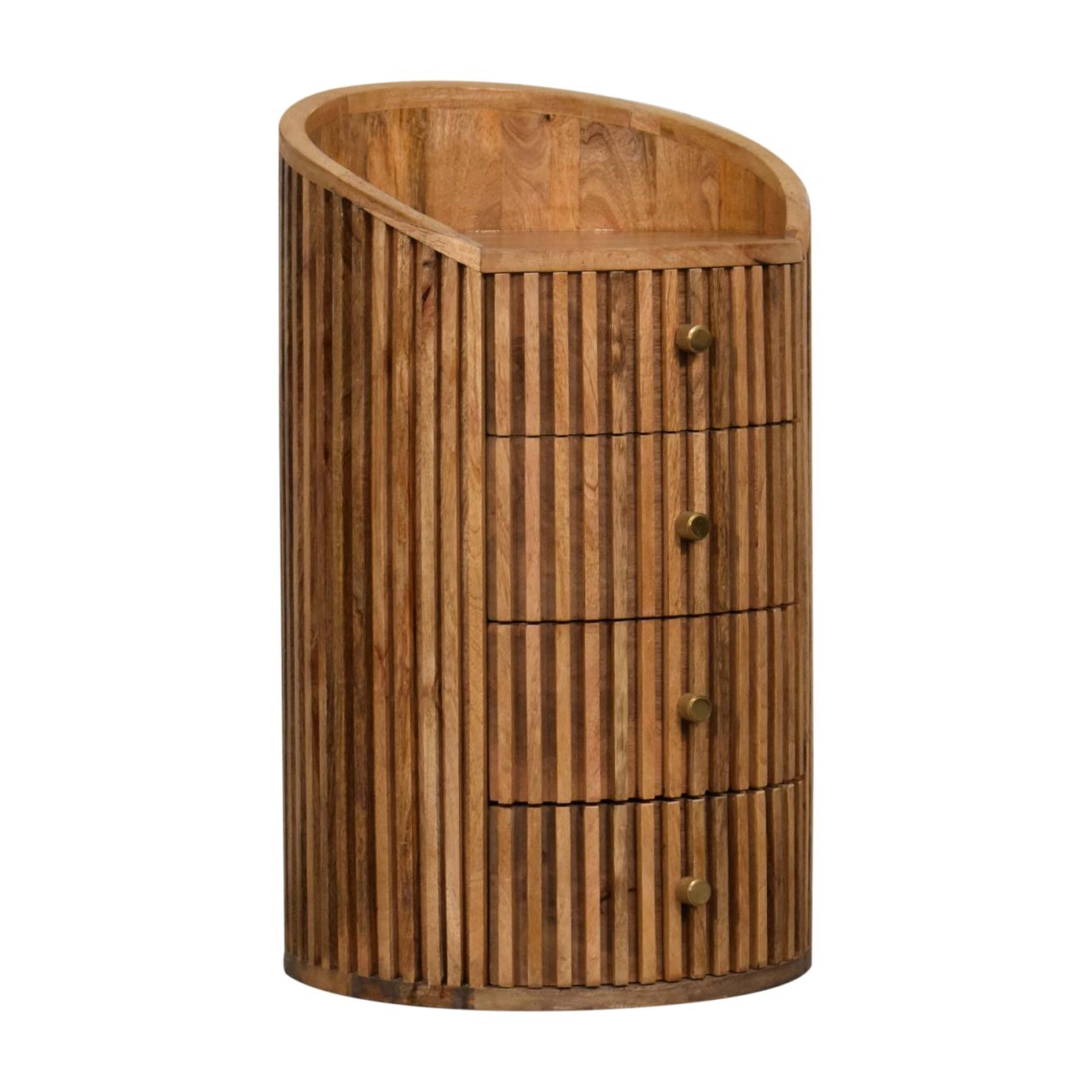 Solid Mango Wood Oak Finished 4 Drawer Line Carved Bedside - Image 3