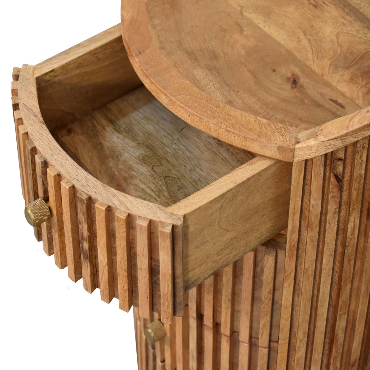 Solid Mango Wood Oak Finished 4 Drawer Line Carved Bedside - Image 6