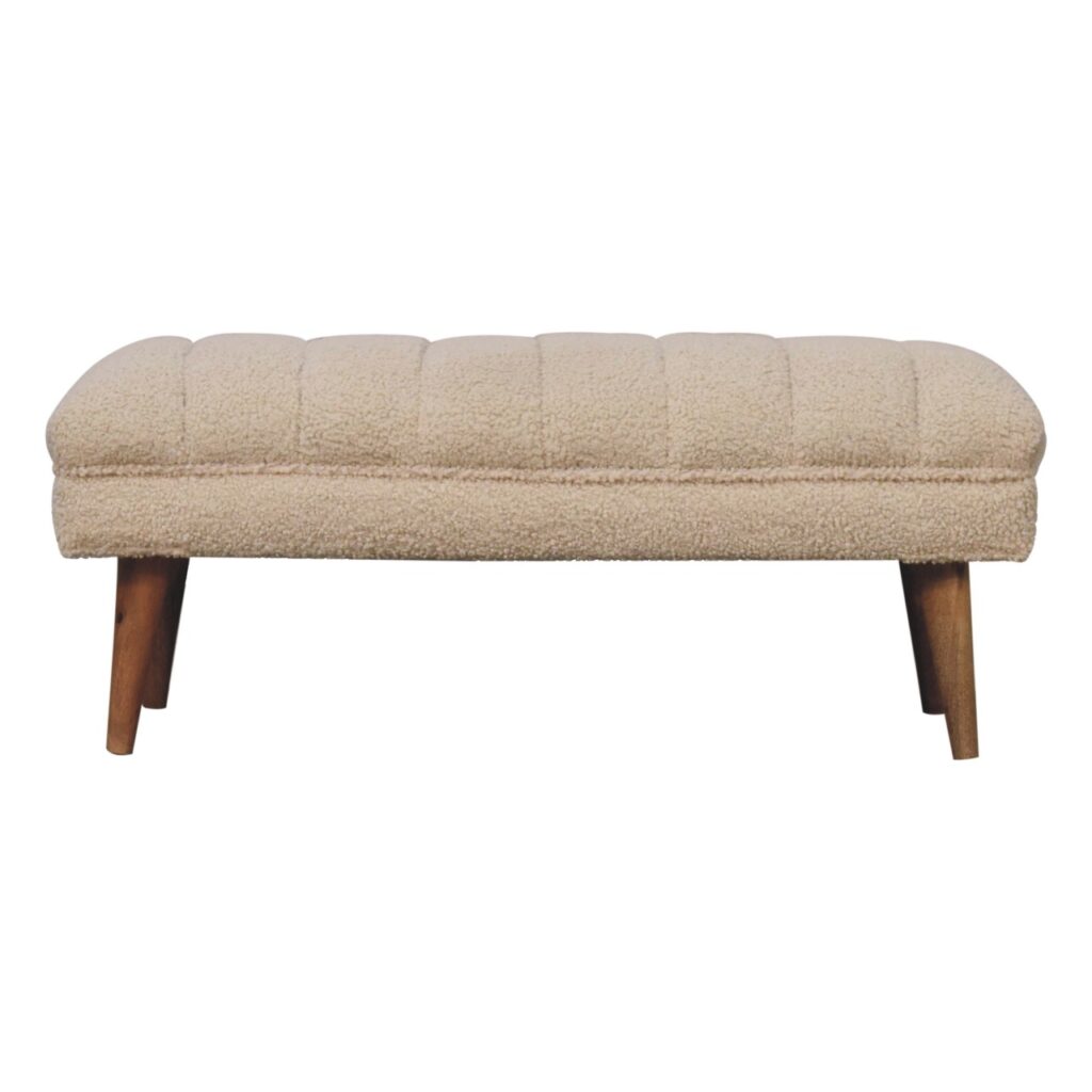 Solid Mango Wood Natural Finish Cream Boucle Upholstered Puffer Bench