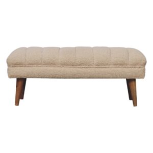 Solid Mango Wood Natural Finish Cream Boucle Upholstered Puffer Bench