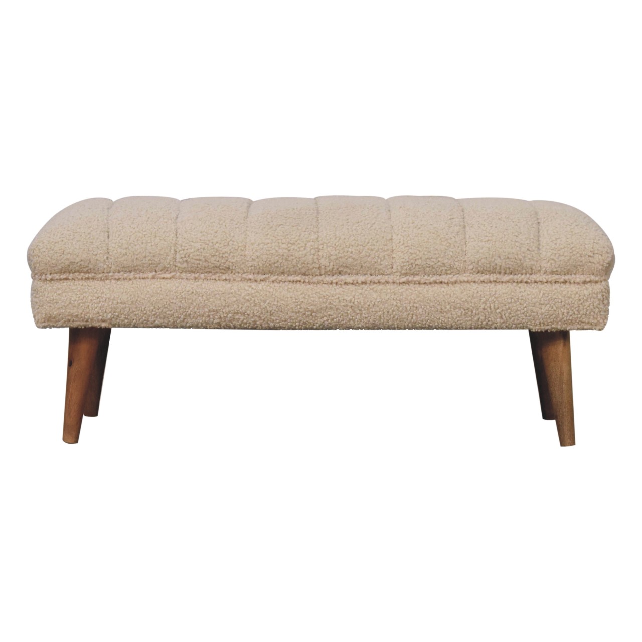 Solid Mango Wood Natural Finish Cream Boucle Upholstered Puffer Bench