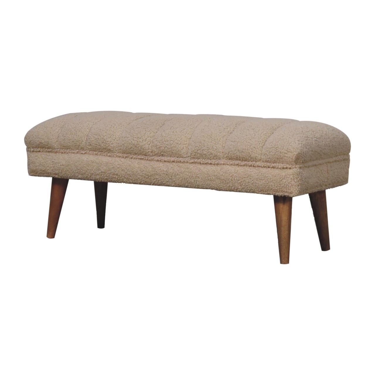 Solid Mango Wood Natural Finish Cream Boucle Upholstered Puffer Bench - Image 3