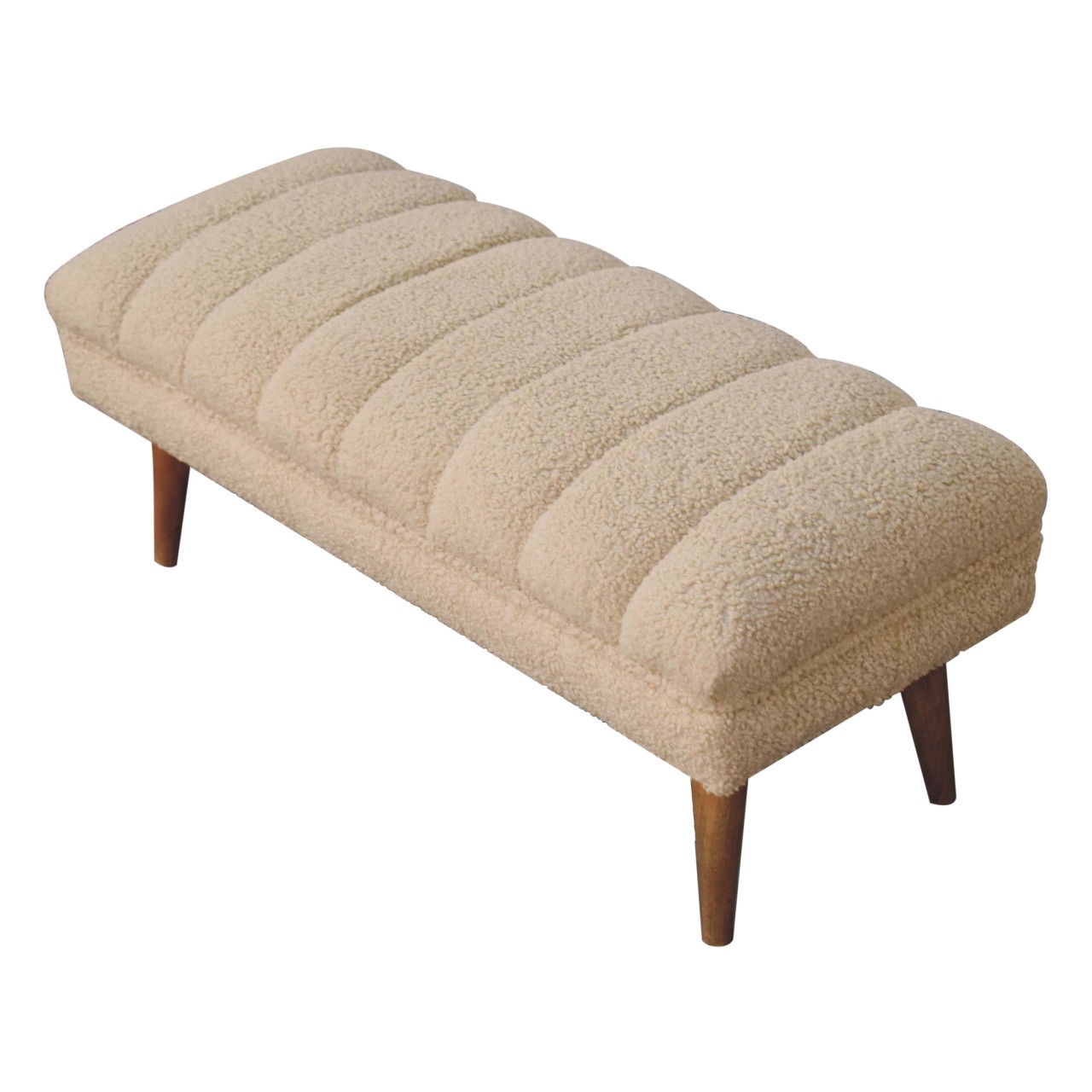 Solid Mango Wood Natural Finish Cream Boucle Upholstered Puffer Bench - Image 6