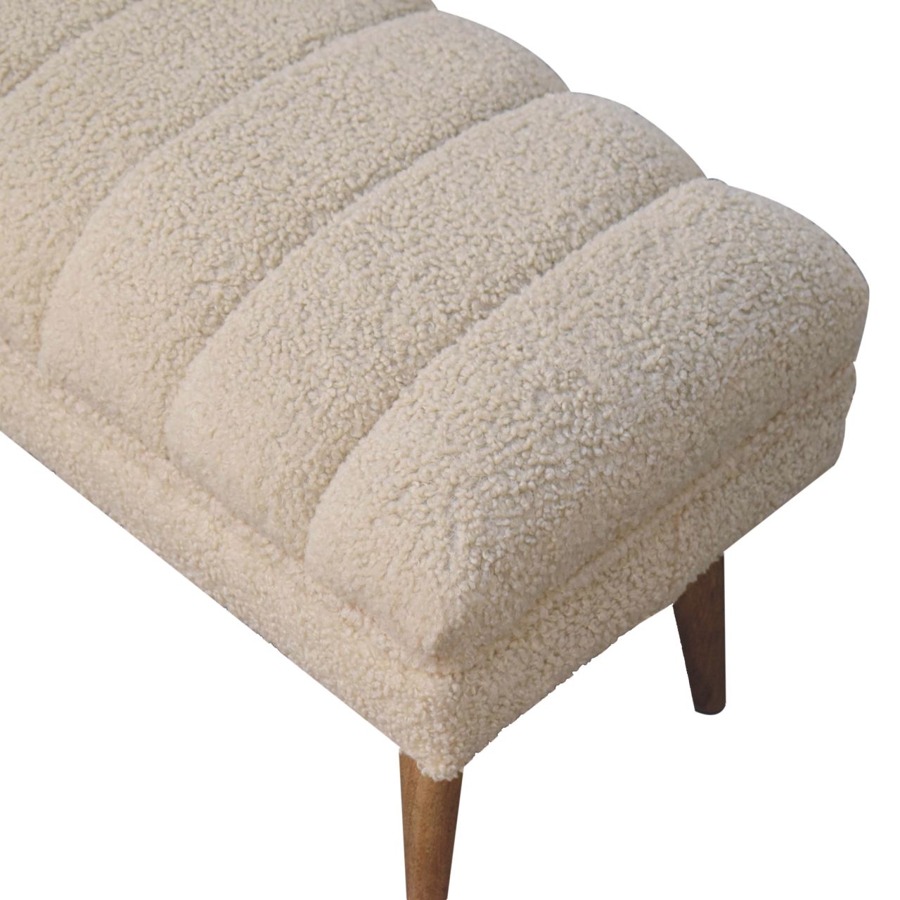 Solid Mango Wood Natural Finish Cream Boucle Upholstered Puffer Bench - Image 7