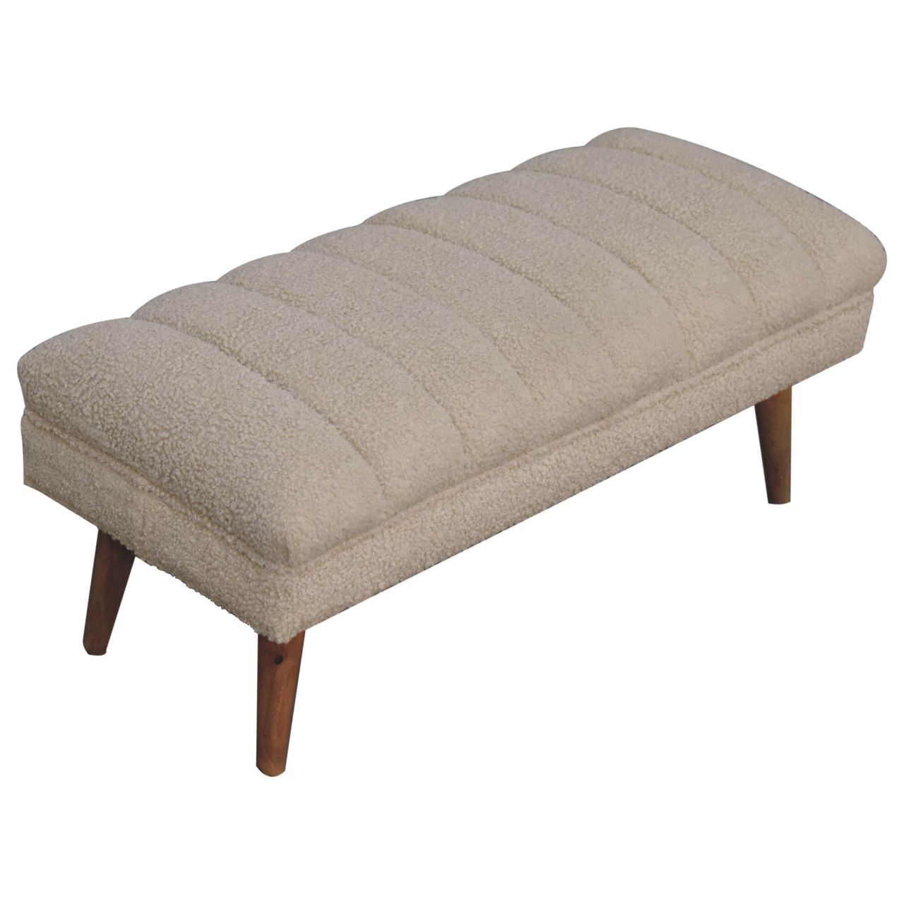 Solid Mango Wood Natural Finish Cream Boucle Upholstered Puffer Bench - Image 8