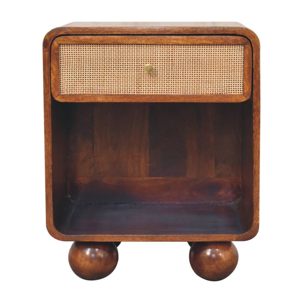 Solid Mango Wood Chestnut Finished 1 Drawer with Open Woven Front Bedside