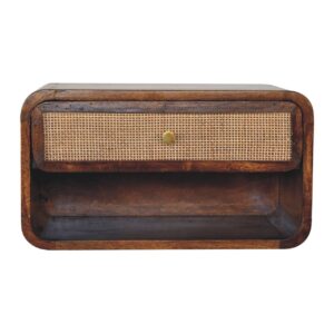 Solid Mango Wood Chestnut Finished 1 Woven Drawer Wall Mounted Open Bedside