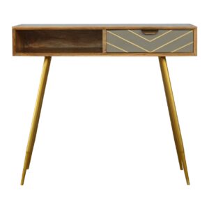 Solid Mango Wood Oak Finished 1 Cement Drawer & Brass Legs Desk