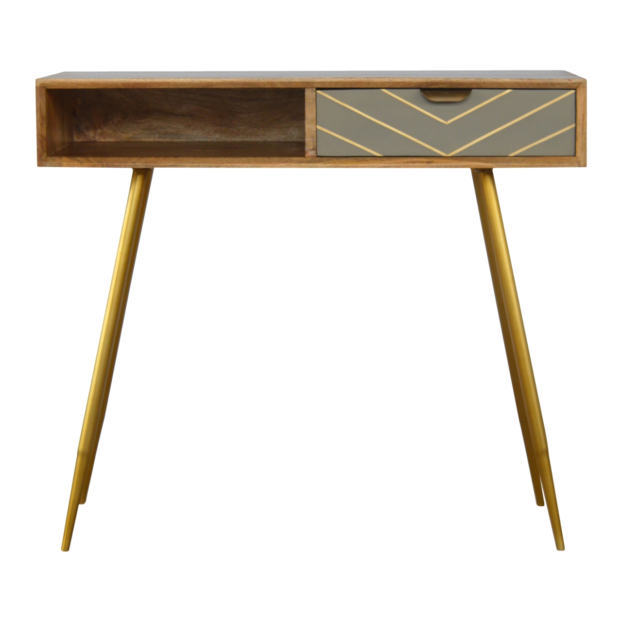 Solid Mango Wood Oak Finished 1 Cement Drawer & Brass Legs Desk