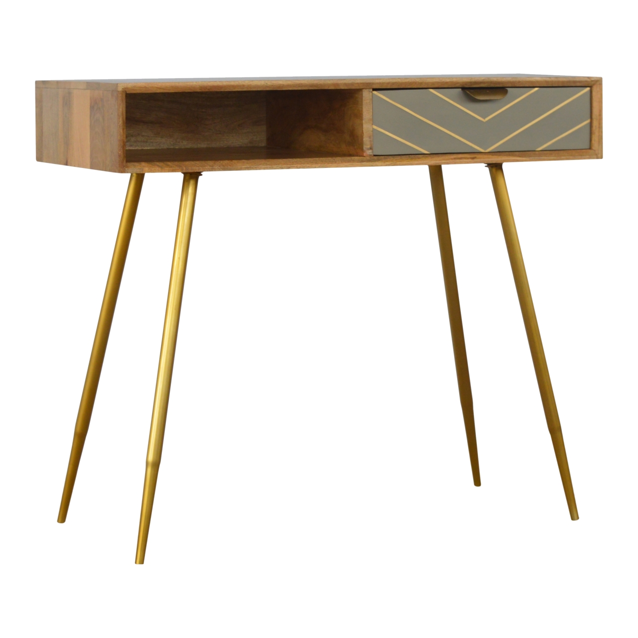 Solid Mango Wood Oak Finished 1 Cement Drawer & Brass Legs Desk - Image 2