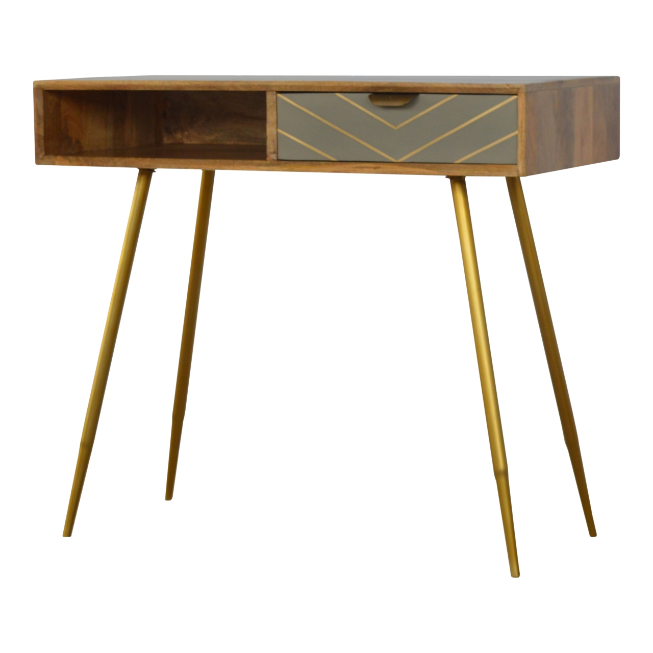Solid Mango Wood Oak Finished 1 Cement Drawer & Brass Legs Desk - Image 3