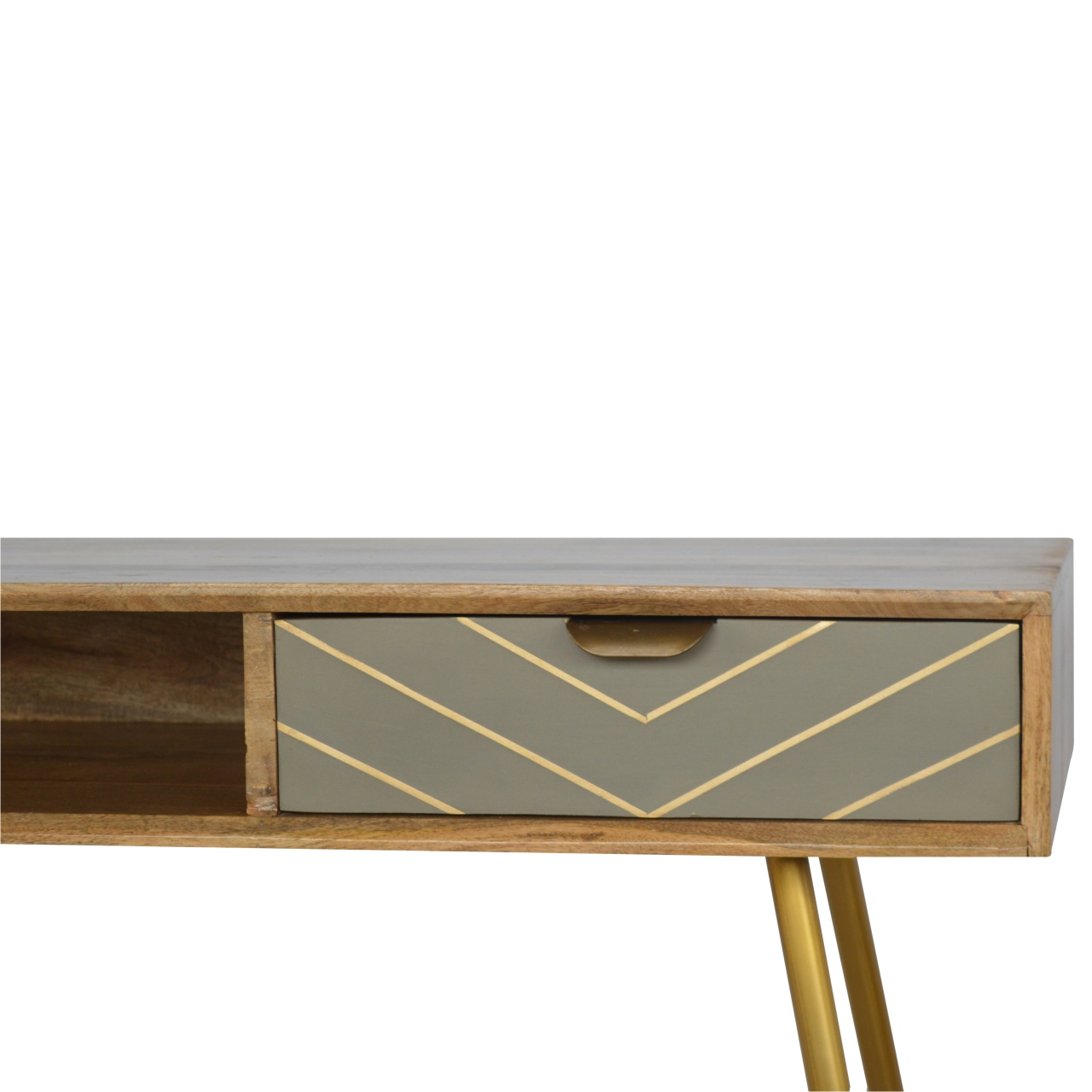 Solid Mango Wood Oak Finished 1 Cement Drawer & Brass Legs Desk - Image 4