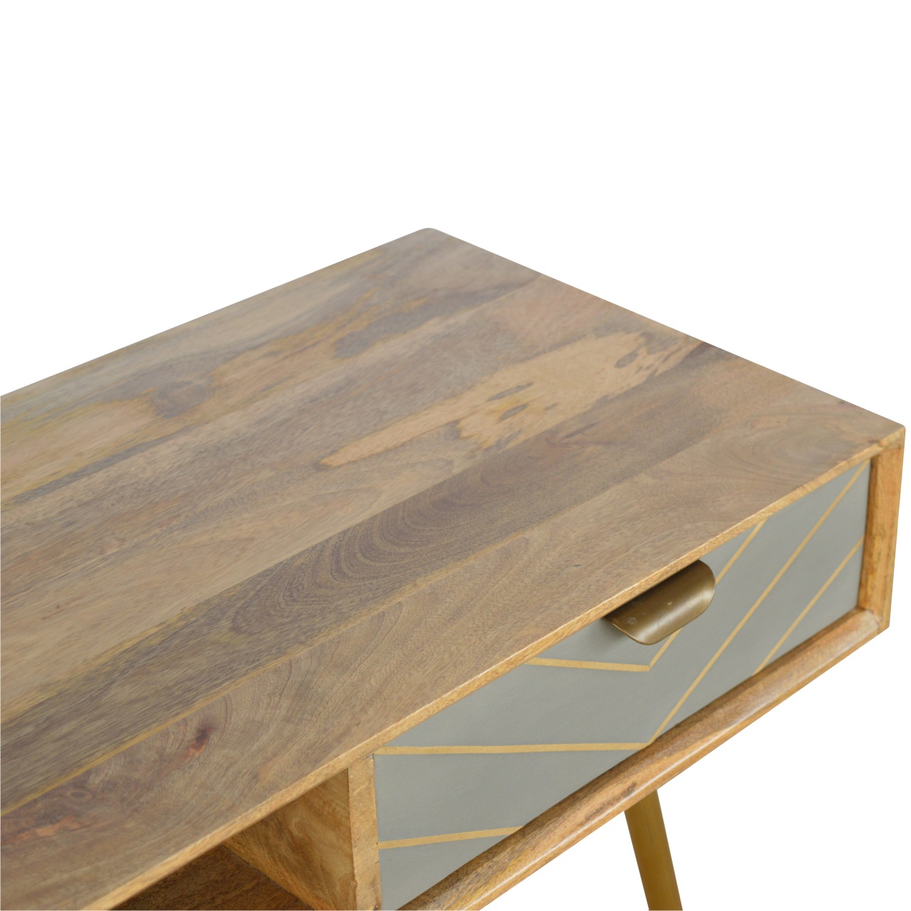 Solid Mango Wood Oak Finished 1 Cement Drawer & Brass Legs Desk - Image 6