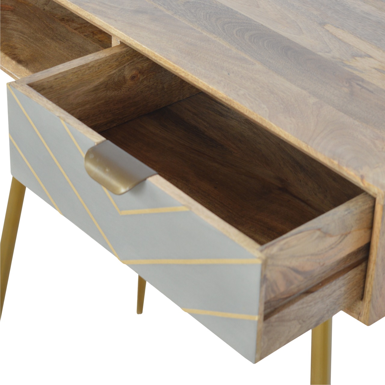 Solid Mango Wood Oak Finished 1 Cement Drawer & Brass Legs Desk - Image 7