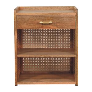 Solid Mango Wood Oak Finished 1 Drawer 2 Slots Larissa T-Bar Open Bedside